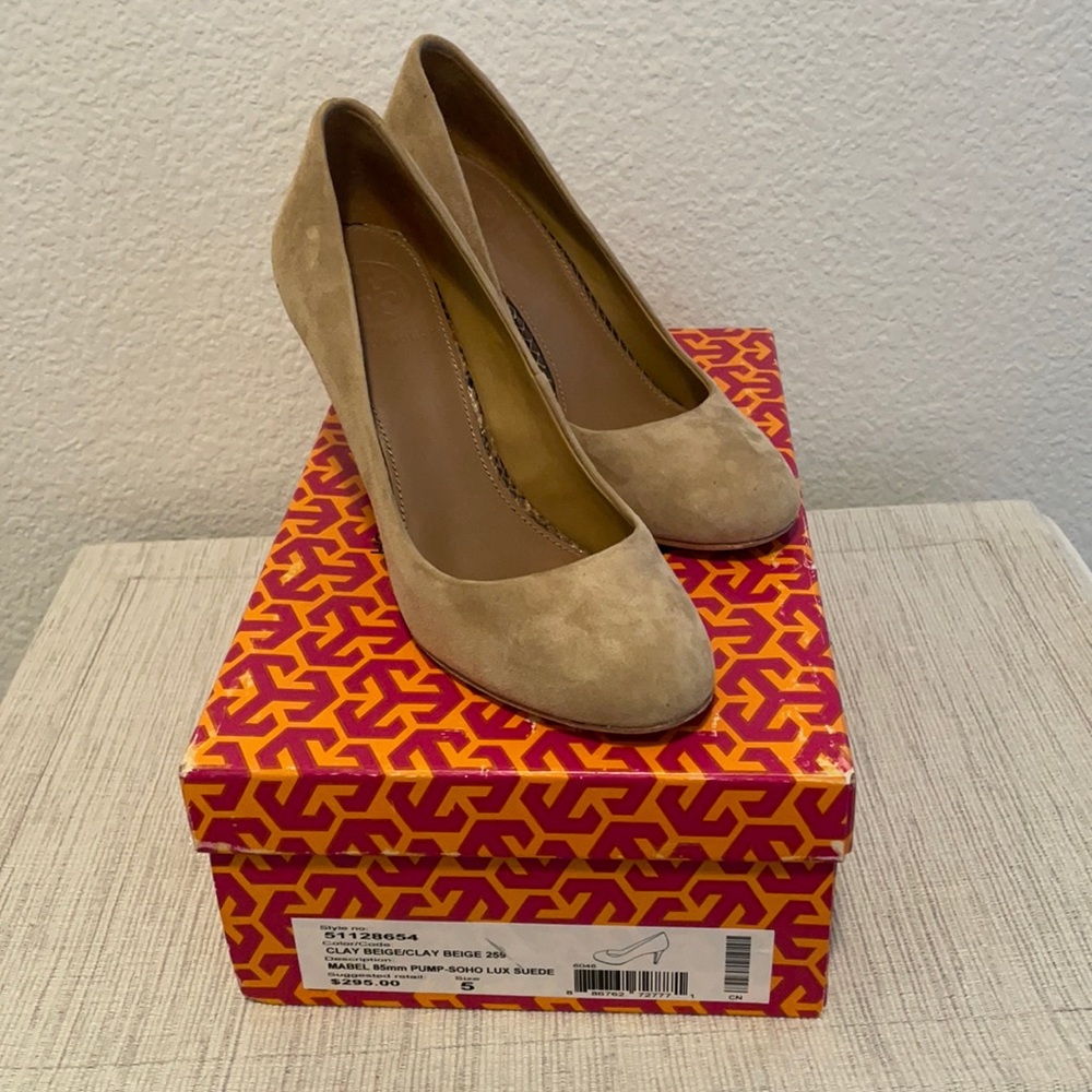 Tory Burch Mabel Suede Pumps with snakeskin heels